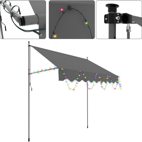 Jiubiaz Markise Klemmmarkise mit Handkurbel Sonnenschutz und UV-Schutz und wasserfestund höhenverstellbar Gelenkarm mit LED 300cm (1/5)