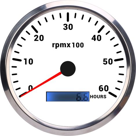 Tachymètre 110 mm 4 3/8 pouces rétro-éclairage 7 couleurs jauge 6000 tr/min avec compteur horaire pour camion tracteur remorque voiture RV bateau DC 9 à 32 V cadran blanc lunette argentée CXA008. (1/5)
