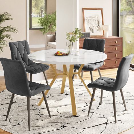 Set tavolo da pranzo rotondo e 4 sedie, 100 cm, marmo bianco e grigio HAVRYA (1/5)
