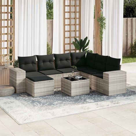 Ensemble salon de jardin 8 places en résine tressée gris clair avec coussins amovibles, table en verre trempé et repose-pieds (1/5)