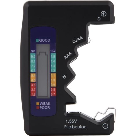 Mini testeur de batterie ABS Contrôleur de batterie avec écran LCD pour batterie de type D, batterie de type C N ° 5/7/N, LR44 (1.5v Pile bouton), batterie 9V, 6F22 (Noir) (1/5)
