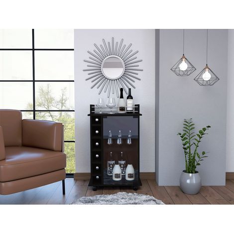 Carrello bar Dukat in nero con ruote, porta in vetro, dimensioni 89 cm altezza × 55 cm larghezza × 41,5 cm profondità (1/5)