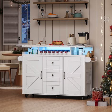 Isla de cocina 138/60/93 cm blanca con LED, tablero abatible y amplio almacenaje (1/5)