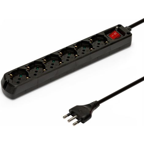 MULTIPRESA NERA 6 POSTI SCHUKO + 10/16A CON INTERRUTTORE CAVO 1M E SPINA 16A VELAMP (1/5)