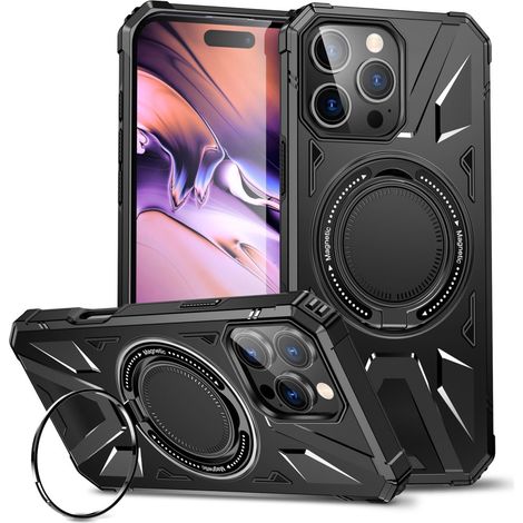 Custodia per iPhone 16 Pro Max, rinforzata con supporto e piastra per il supporto, nera (1/5)