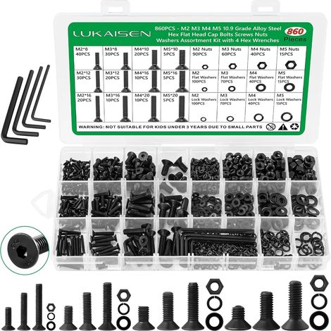 Kit d'Assortiment de 860 Pièces de Boulons Hexagonaux Métriques Noir Oxyde - Vis à Tête Cylindrique Six Pans Creux M2 M3 M4 M5, Écrous, Rondelles Plates et Grower avec 4 Clés - Acier Allié Grade 10.9 (1/5)