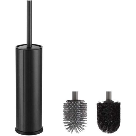 Brosse de toilette et support en silicone noir, avec 2 têtes de brosse, adaptés à une utilisation dans la salle de bain, de forme ronde. (1/3)