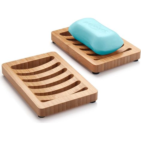 Porte-savon en bambou, porte-savon en bois, paquet de 2 porte-savons pour savon en barre, plateau à savon en bois, plateau à savon de cuisine auto-drainant (couleur bois) (1/5)