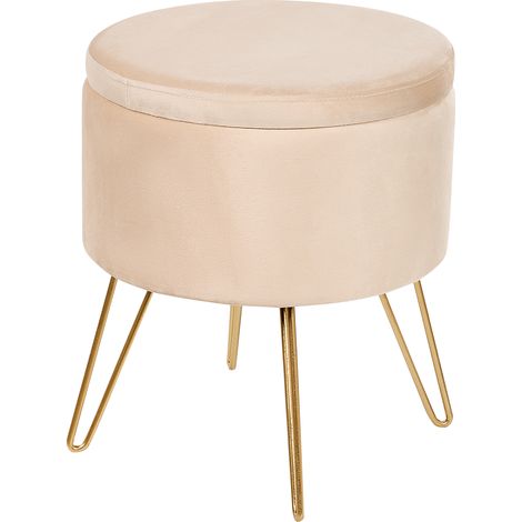 Puf con espacio de almacenaje otomana tapizado en terciopelo patas de metal doradas 42 x 42 x 44 cm beige claro Silas
