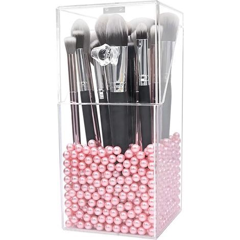 Organisateur de pinceaux de maquillage avec couvercle, boîte de rangement transparente en acrylique anti-poussière - Organisateur de pinceaux de maquillage en acrylique avec perles roses (1/5)