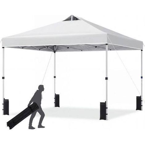 Tonnelle pliante blanche 3 x 3 m avec verrou central, toit ventilé, sac à roulettes, piquets et sacs de sable pour jardin et plage (1/5)