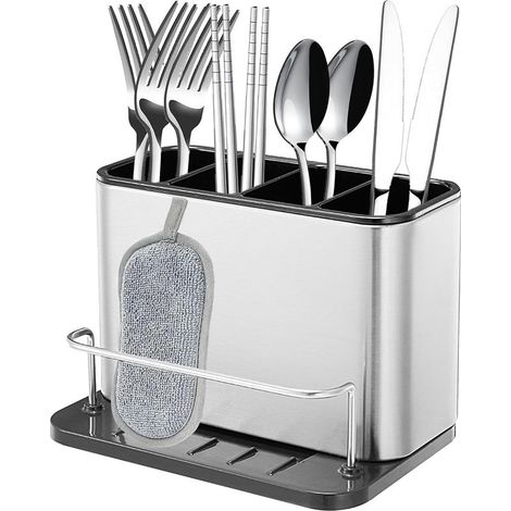 Escurridor de cubiertos, organizador de tenedores y cucharas con 4 compartimentos y bandeja de drenaje, para cuchillos, tenedores y cucharas, cesta de secado para fregadero (acero inoxidable) (1/5)