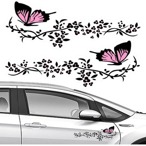 Lntyq Stück Autoaufkleber, Autoaufkleber mit Schmetterlings- und Blumenmuster, personalisierte Aufkleber für Autohaube, Motorrad, Skateboards, Koffer, Wände (Schwarz und Pink) (1/5)