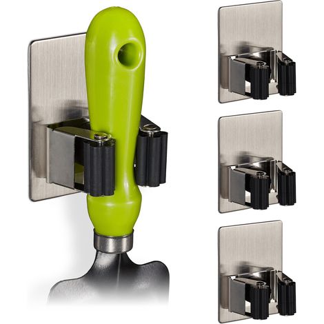 4x Porta Scope da Muro Adesivo, Carico 3kg, Attrezzi da Casa e Giardino, Acciaio Inox e Gomma, argento