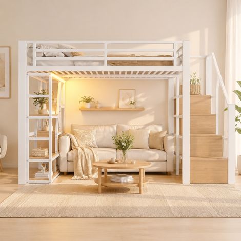 Lit mezzanine 140 x 200 cm blanc en métal et MDF avec étagères, escalier de rangement, barrières de sécurité et bande LED pour chambre enfant – de FLORAGRACE (1/5)