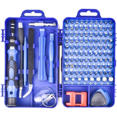 Kit d'outils de réparation de précision 115 en 1 avec tournevis, chrome vanadium, pour téléphone, ordinateur portable, PC et montre, bleu. (1/5)