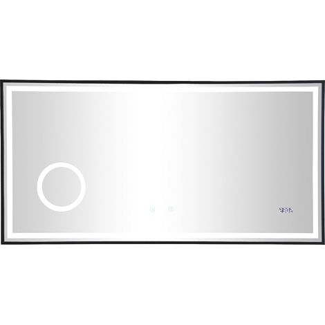 Miroir de salle de bain rectangulaire lumineux avec horloge digitale - Noir - 120 x 60 cm - AITANA (1/4)