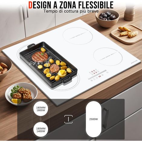 Plaque induction 4 foyers 60 cm – Flexzone pour grands plats – Puissance 3500W – Contrôle tactile – Sécurité enfant – Timer