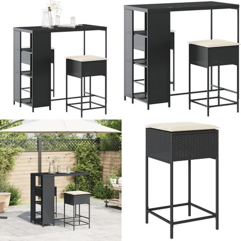 3-tlg. Gartenbar-Set mit Kissen Schwarz Poly Rattan - Gartensets - Gartenbar - Outdoor Möbel - Esstisch - Hocker - Home & Living (1/5)