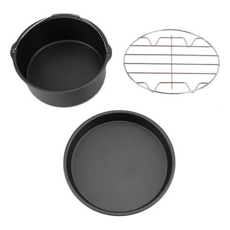 8 Inch 3 in 1 Multifunction Air Fryer Accessories Set Bread Rack Cake Barrel Pizza Pan (Black) (1/5)