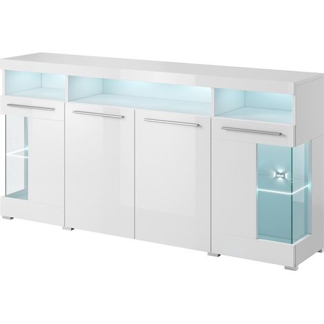 Buffet XL 180cm mit 4 Türen in glänzendem Weiß mit integrierter mehrfarbiger LED-Beleuchtung aus der Kollektion BOMBAY.