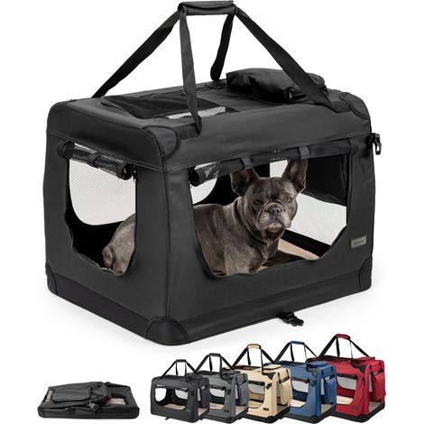 lionto Hundetransportbox faltbar, stabile Stoffbox mit Mesh-Einsätzen, ideal für Auto, Reise & Tierarzt, 70x52x50 cm, schwarz (1/5)