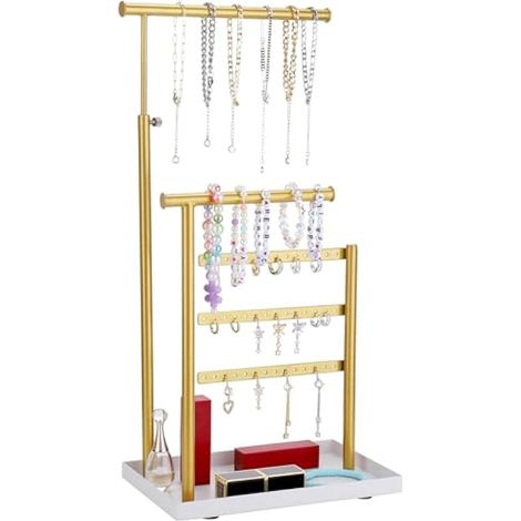 Présentoir de Bijoux, 30CM Porte-bijoux Réglable en Hauteur, 3 Bar Présentoir à Bijoux avec Base pour Bagues, Colliers, Bracelets et Accessoires (Or) (1/5)