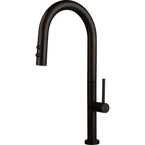 Mitigeur d'évier de cuisine avec bec haut arqué et douchette extractible à double jet Deante OLFATO BQON72M Noir mat (1/5)