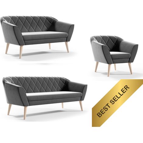 Couchgarnitur Grau Wohnzimmerset 3+2+1 Sitzer Samt Hohe Holzfüße Buche (1/5)