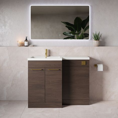 Napoli 390 Brown Oak 1100mm 2 Door Vanity Unit Toilet Suite with Square Left Hand Lucia Basin - 1100mm - Brushed Brass 160mm HandleWithout Kingston Toilet Pan