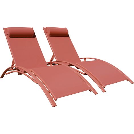 Happy Garden – Lot de 2 transats GALAPAGOS en textilène terracotta – Structure aluminium – Dossier inclinable 5 niveaux – Confort optimal