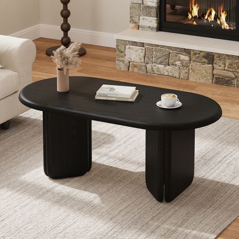 Table basse ovale 99x50x40 cm en MDF noir, charge 40 kg, pieds arrondis, style moderne (1/5)
