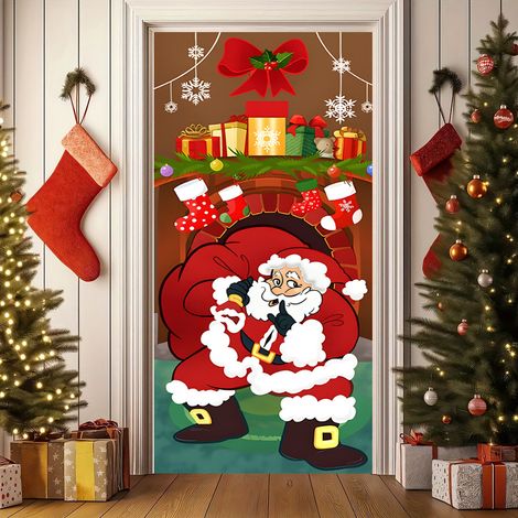 Nouvelle décoration de porte de Noël, bannière avec le Père Noël pour jardin, cour ou extérieur - 90 x 180 cm (perforée + ruban) - 45