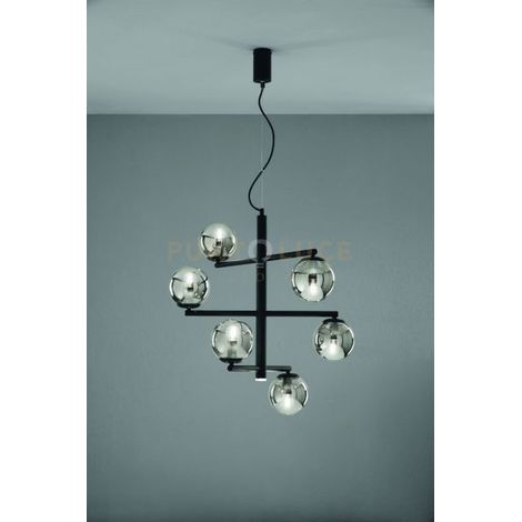 SOSPENSIONE GIZAH NERO VETRI FUME' 6 LUCI ATTACCO E14 PIU' LED INTEGRATO 5W 420LM