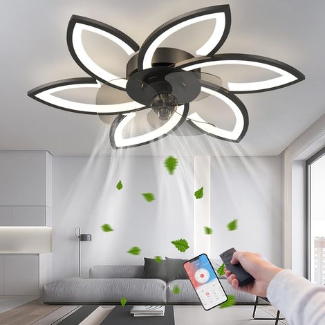 Ventilatore da soffitto con luce, lampada da soffitto moderna a forma floreale, ventilatore a LED dimmerabile con telecomando/controllo tramite app, timer, nero (1/5)