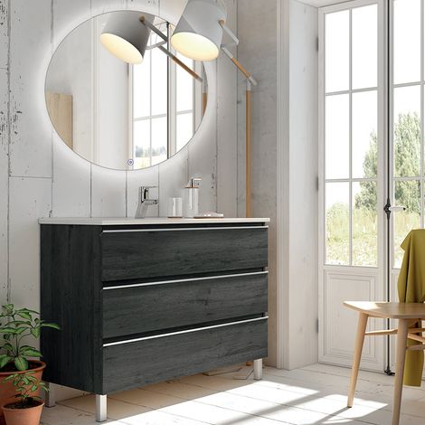 Meuble de salle de bain simple vasque - 3 tiroirs - ebony (bois noir) - PALMA et miroir rond Led SOLEN - 60cm (1/4)