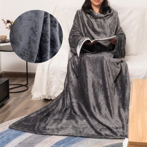 Couverture polaire premium à manches, convenant aux adultes, femmes et hommes Couverture portable en microfibre chaude et douce, légère et confortable (gris foncé, grande taille)