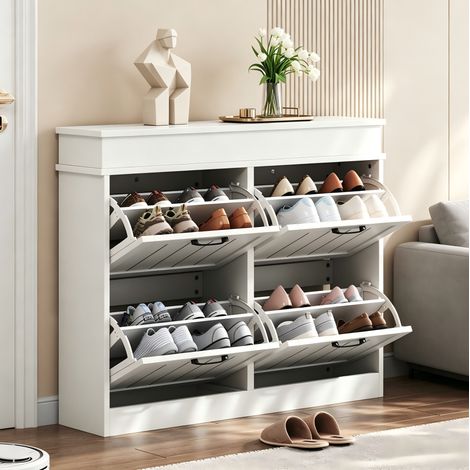 Scarpiera 105x24x83 cm con 4 ante a ribalta e 8 scomparti, per ingresso, MDF bianco, maniglie nere (1/5)