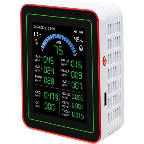 Rilevatore di qualità dell'aria 18 in 1 per CO2, TVOC, HCHO, PM2.5, PM10, temperatura e umidità, tester per interni, funzionamento a batteria e memorizzazione dei dati (1/5)