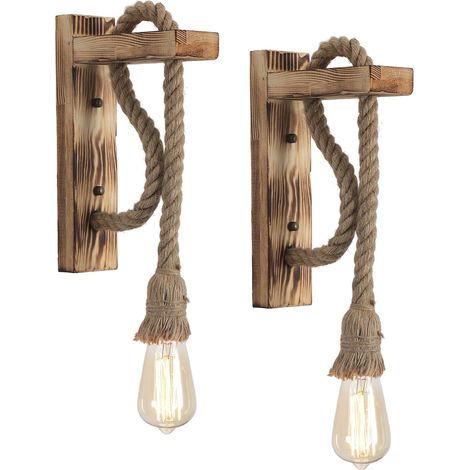 Wandleuchte im Landhausstil aus Holz für Schlafzimmer, rustikale Wandleuchte mit Holzhalterung und verstellbarem Hanfseil, rustikale Wandlampe für Schlafzimmer, Eingangsbereich, Flur und Wohnzimmer. (1/5)