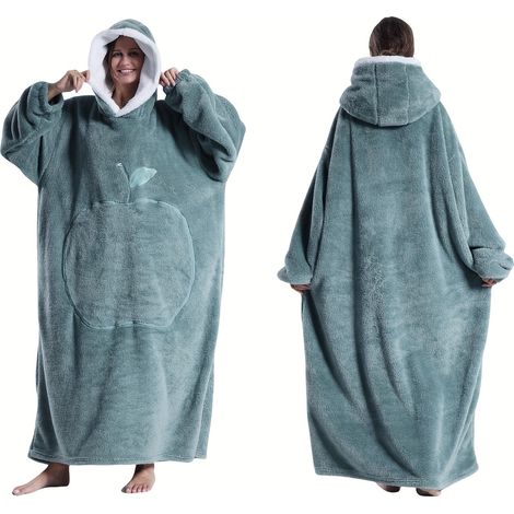 Peignoir chaud, épais et coupe-vent avec capuche Couverture en flanelle pour couples avec poche pomme, adaptée à une utilisation intérieure et extérieure ZX bleu-gris long (1/5)