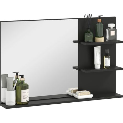 Miroir de salle de bain moderne avec 2 étagères latérales et une étagère inférieure, en bois et en verre, 75 x 10 x 48 cm, noir (1/5)