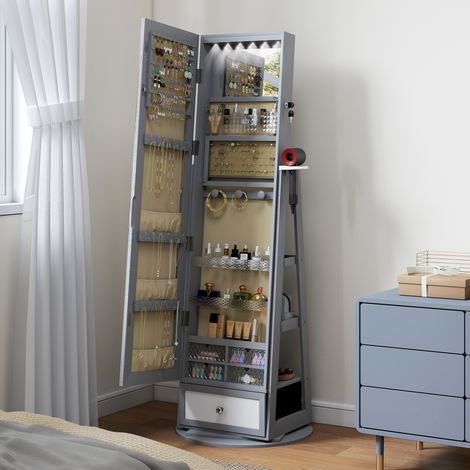 Gris - Miroir de bijoux doté de lumières LED Armoire à bijoux avec miroir complet Tiroir rotatif à 360° Verrouillage clair