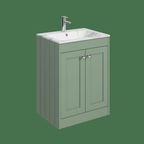 Balterley Butterton 600mm Floor Standing 2 Door Unit & Stone Basin 1 Tap Hole - Satin Green