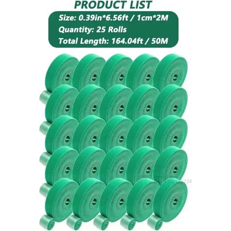 (25 rouleaux (50 m) de serre-câbles auto-adhésifs en nylon vert pour plantes, réglables, avec système de fixation auto-agrippant et boucle, pour jardin, réutilisables) (1/4)