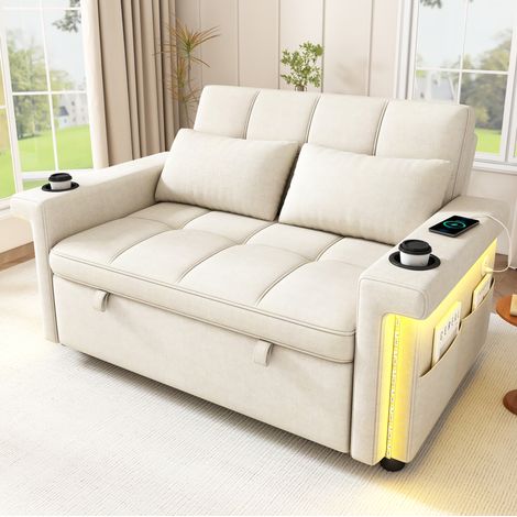 Sofá cama 2 plazas beige con tela suave, respaldo ajustable en 3 posiciones, LED con app, USB y Type-C, portabebidas y bolsillos laterales  para salón moderno-FLORAGRACE (1/5)