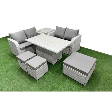 Fimous 7 Seater Outdoor Love Sofa Set Rattan Garden Furniture Set with Adjustable Lifting Dining or Coffee Table 3 Footstool Side Table Light Grey (1/5)