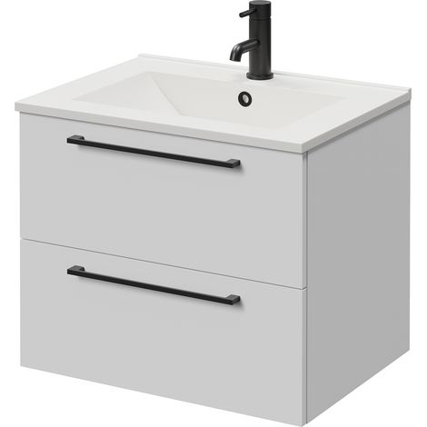 Napoli 460 Gloss White 600mm Wall Mounted 2 Drawer Vanity Unit with Angel Basin - 600mm - Matt Black 320mm Handle