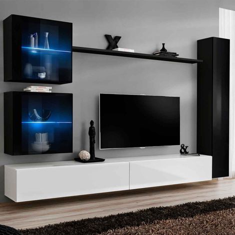 Meuble TV Mural Design "Switch XVIII" 280cm Blanc & Noir (1/4)