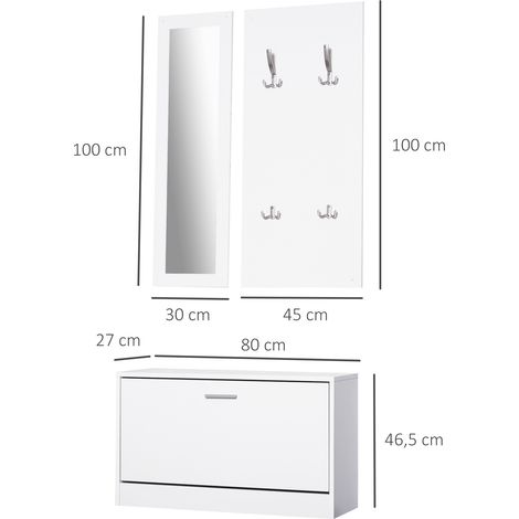 HOMCOM 3-teiliges Flurmöbel-Set, Eingangsbereich-Möbel-Set, Schuhregal, Spiegel, Garderobenständer mit 4 Haken, 80 x 27 x 46,5 cm, Weiß